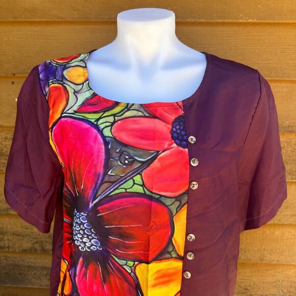 Miss Look Plumb Floral Top 957341 Button Detail Short Sleeve Blouse Shirt Size X - Picture 4 of 8